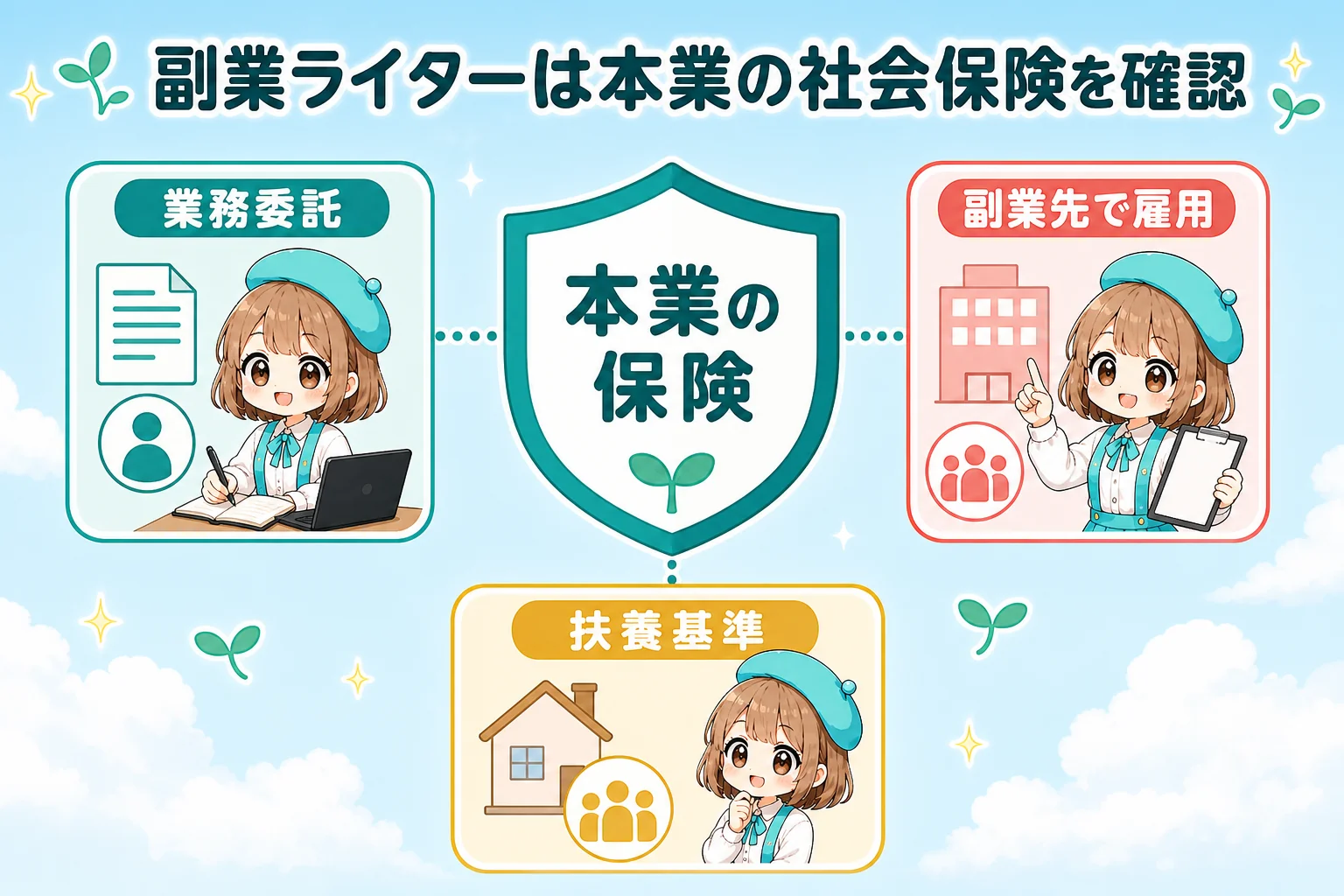 ライターの社会保険:副業ライターは本業の社会保険を確認を解説する個人事業主(フリーランス)向け図解