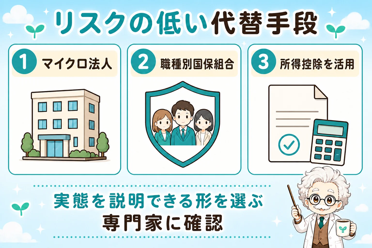 社保加入サービスのリスクが低い代替手段をまとめた個人事業主(フリーランス)向け図解