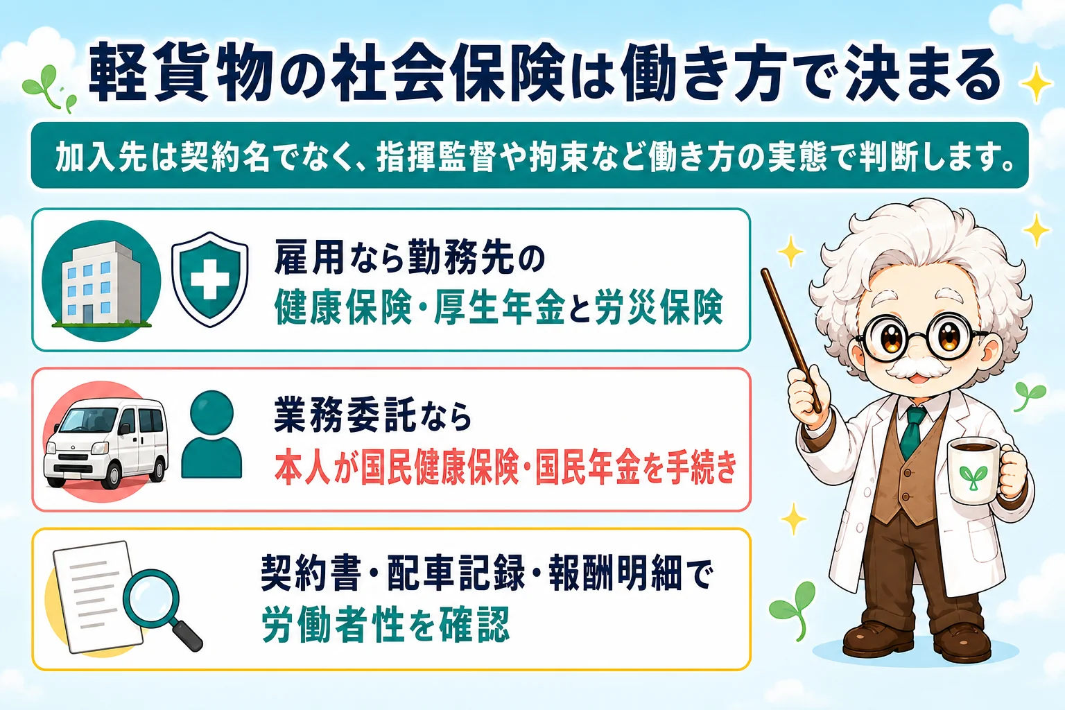 軽貨物の社会保険:軽貨物ドライバーの社会保険は働き方の実態で決まるを解説する個人事業主(フリーランス)向け図解