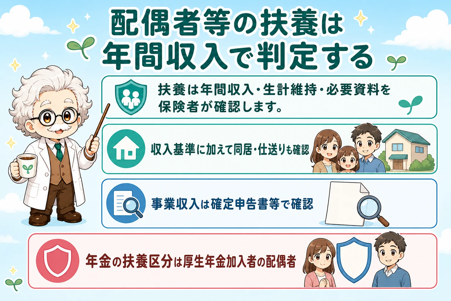 保険外交員の社会保険:配偶者等の扶養は年間収入で判定するを解説する個人事業主(フリーランス)向け図解