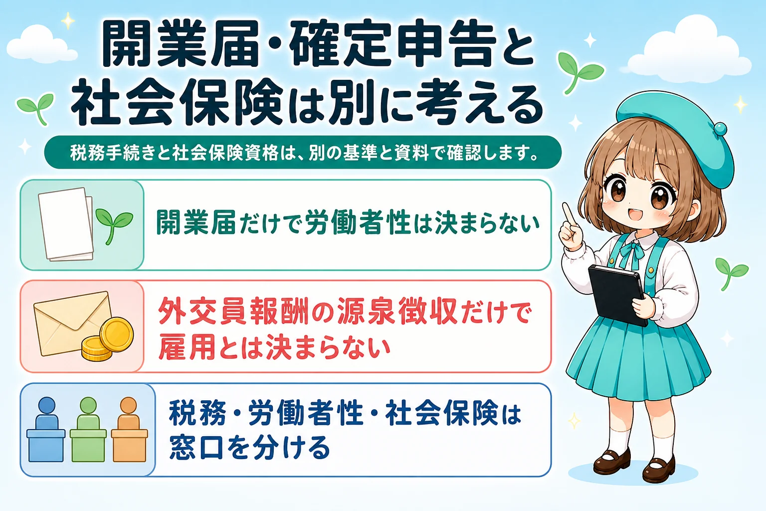 保険外交員の社会保険:開業届・確定申告と社会保険は別に考えるを解説する個人事業主(フリーランス)向け図解