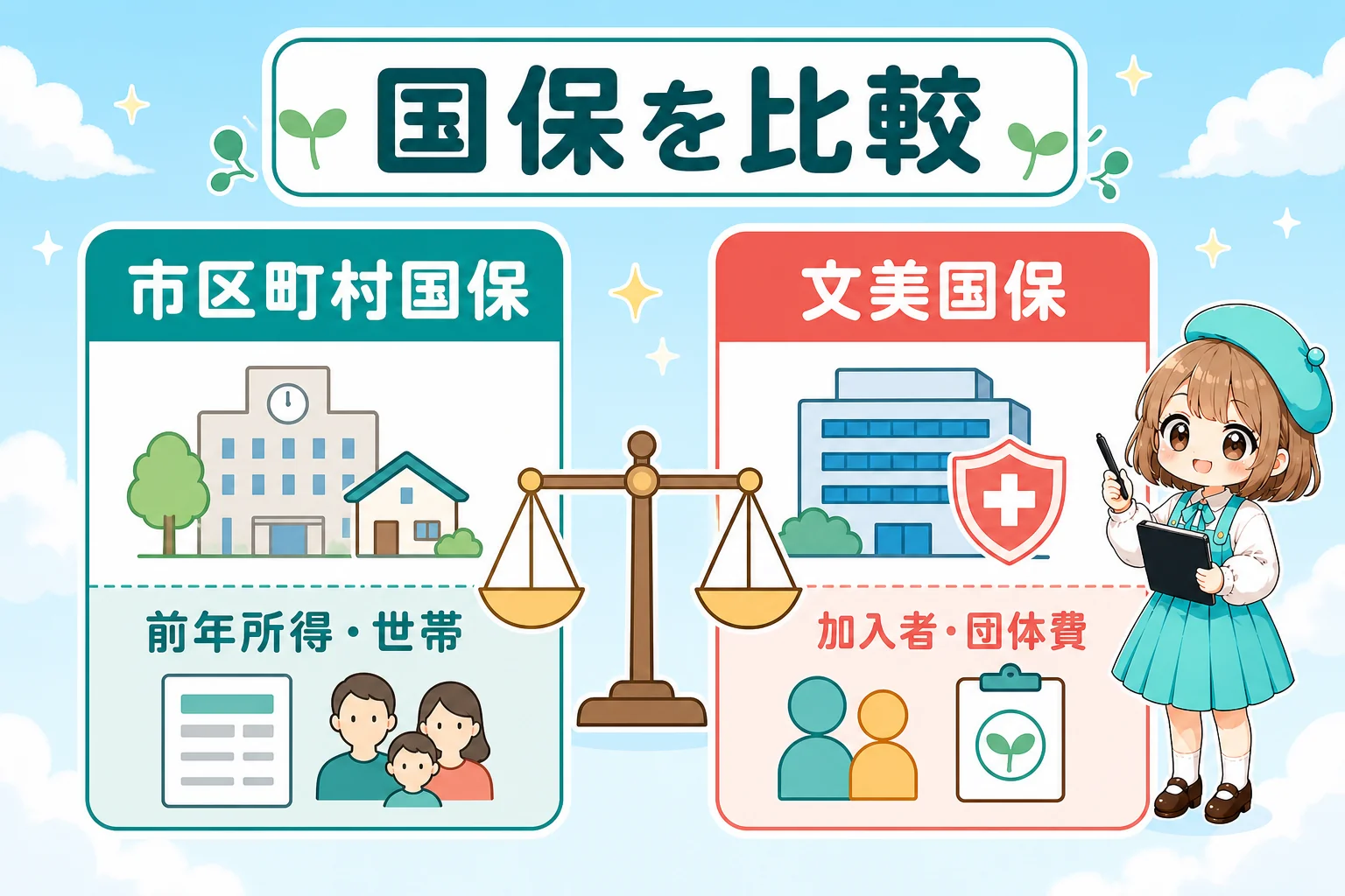 ライターの社会保険:市区町村国保と文美国保を比較を解説する個人事業主(フリーランス)向け図解