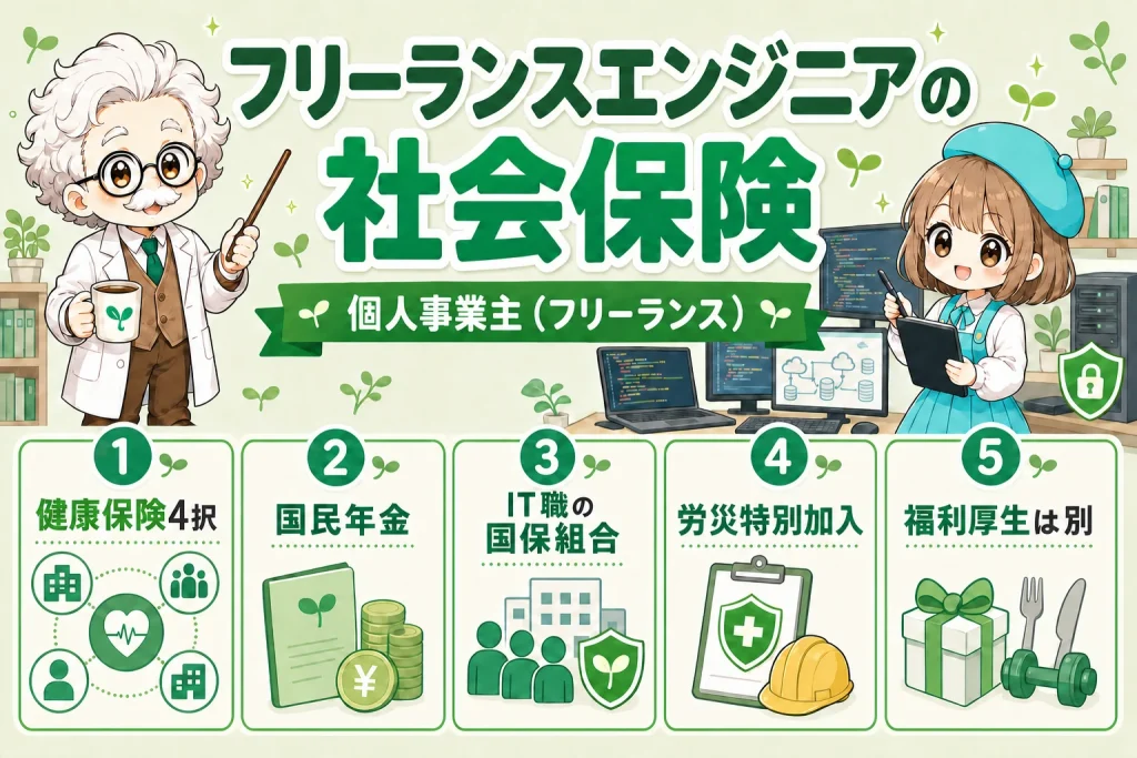 フリーランスエンジニアの社会保険を解説する個人事業主（フリーランス）向け図解