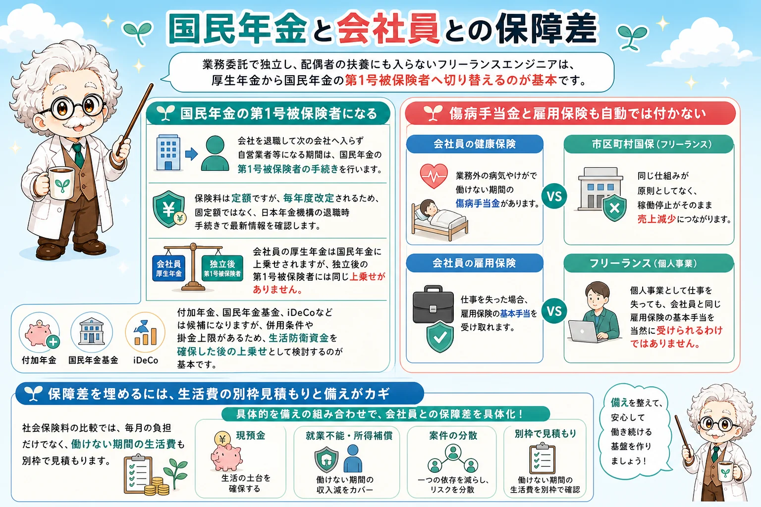 フリーランスエンジニアの社会保険:国民年金と会社員との保障差を解説する個人事業主(フリーランス)向け図解