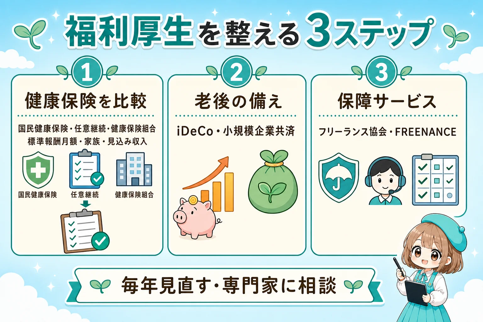 個人事業主(フリーランス)の福利厚生を整える3ステップの図解