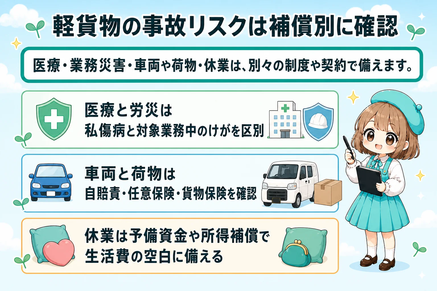 軽貨物の社会保険:軽貨物の事故リスクは補償の空白で分けるを解説する個人事業主(フリーランス)向け図解