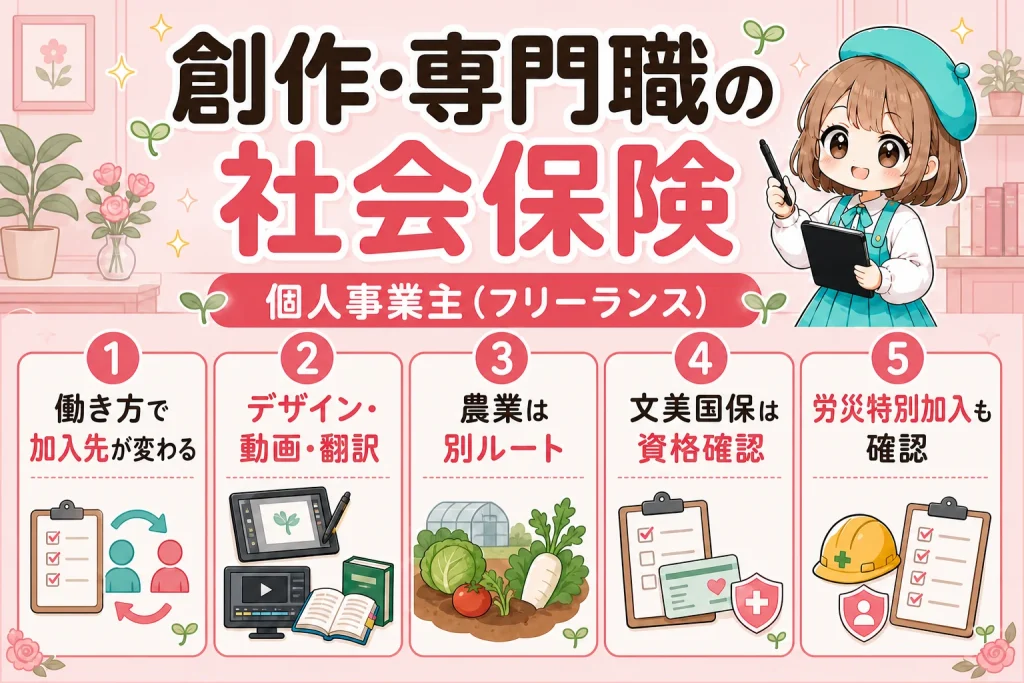 創作・専門職の社会保険を解説する個人事業主（フリーランス）向け図解
