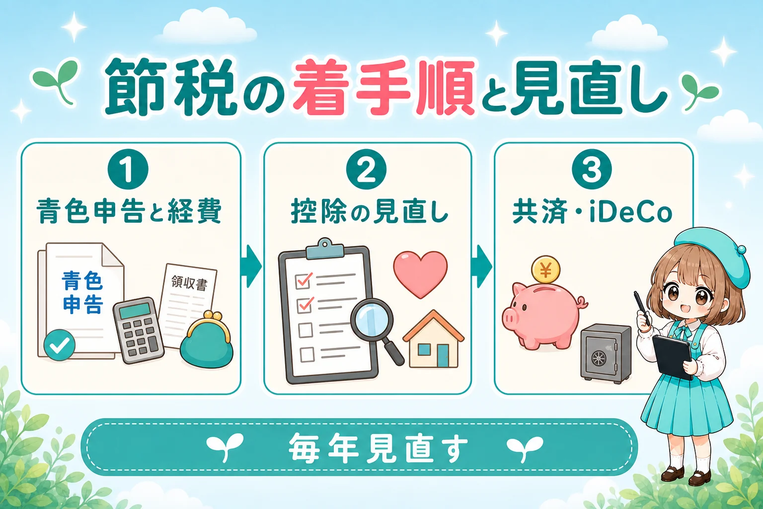個人事業主(フリーランス)の節税対策と着手順をまとめた図解