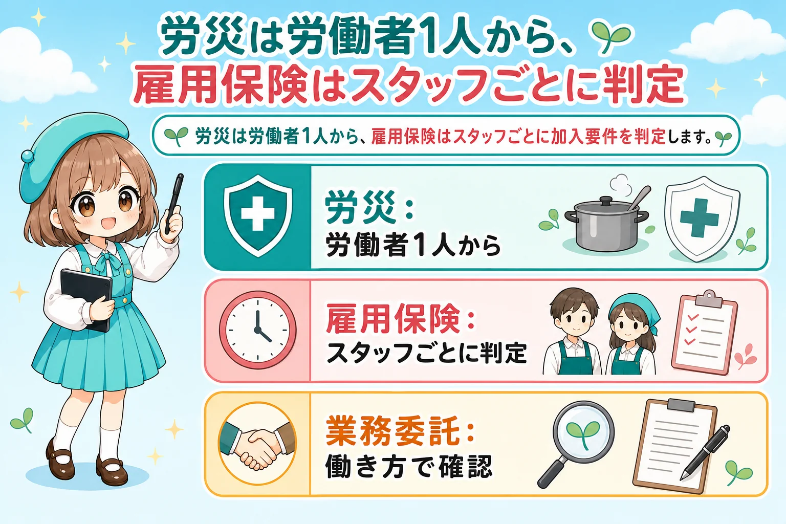 飲食店経営の社会保険:労災は労働者1人から、雇用保険はスタッフごとに判定を解説する個人事業主(フリーランス)向け図解