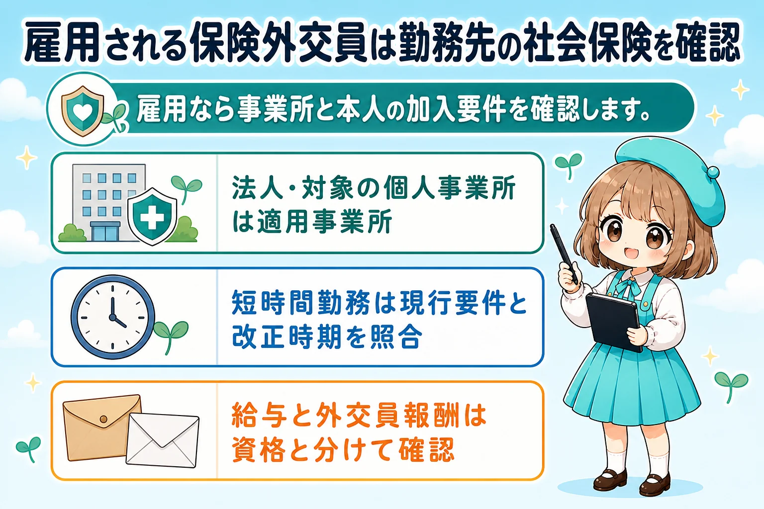 保険外交員の社会保険:雇用される保険外交員は勤務先の社会保険を確認を解説する個人事業主(フリーランス)向け図解