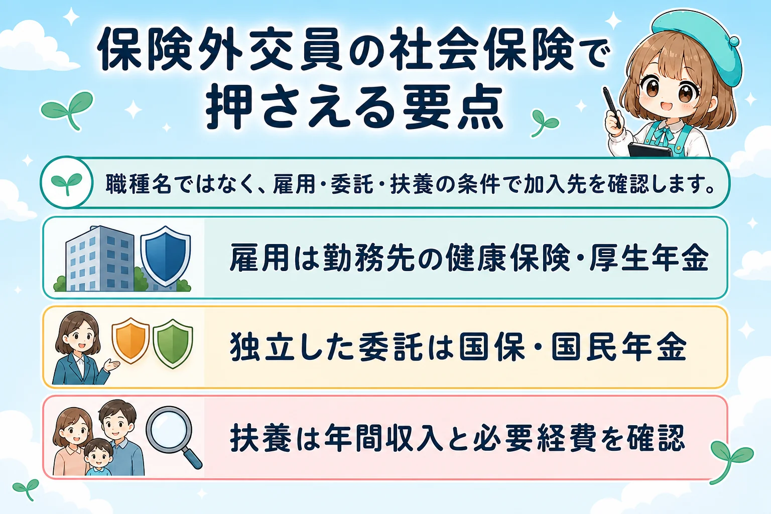 保険外交員の社会保険の要点をまとめた個人事業主(フリーランス)向け図解