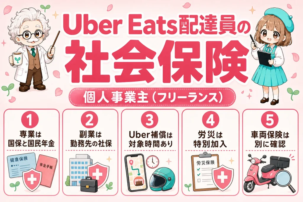 Uber Eats配達員の社会保険｜個人事業主（フリーランス）の加入可否と補償