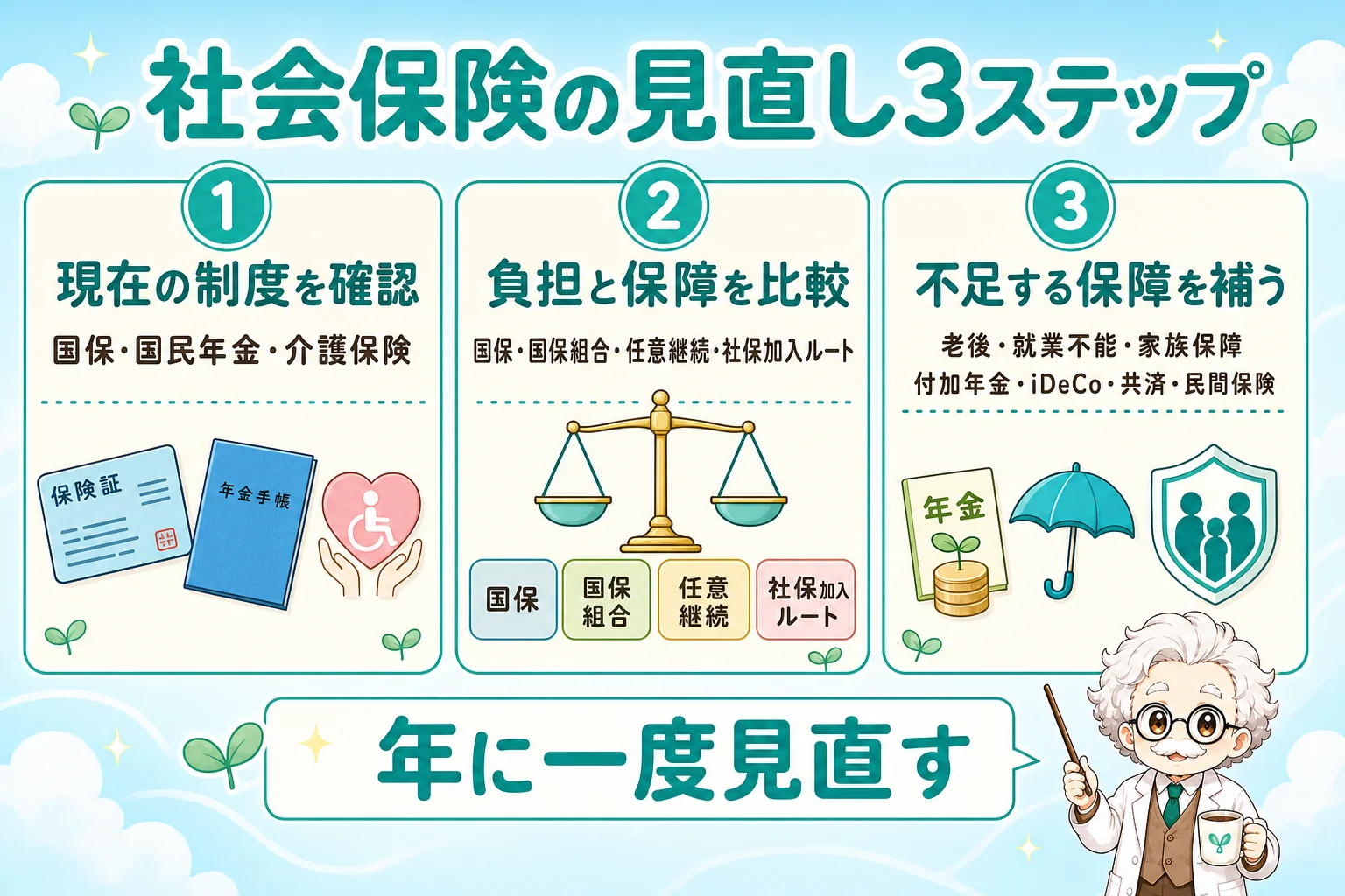 個人事業主(フリーランス)の社会保険の種類と見直し手順をまとめた図解