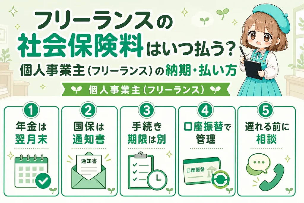 フリーランスの社会保険料はいつ払う？個人事業主（フリーランス）の納期・払い方を解説する個人事業主（フリーランス）向け図解