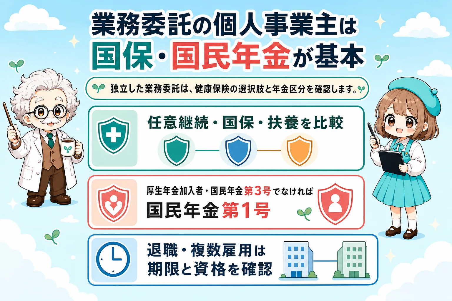 保険外交員の社会保険:業務委託の個人事業主は国保・国民年金が基本を解説する個人事業主(フリーランス)向け図解