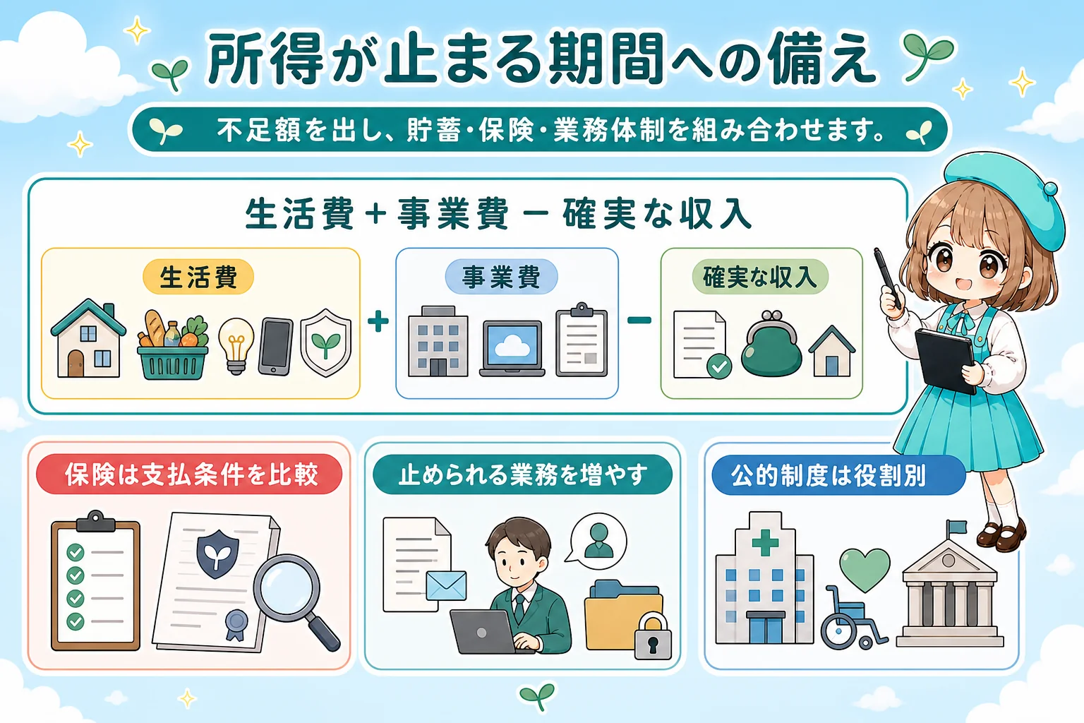 フリーランスの社会保険と傷病手当:所得が止まる期間への備えを解説する個人事業主(フリーランス)向け図解