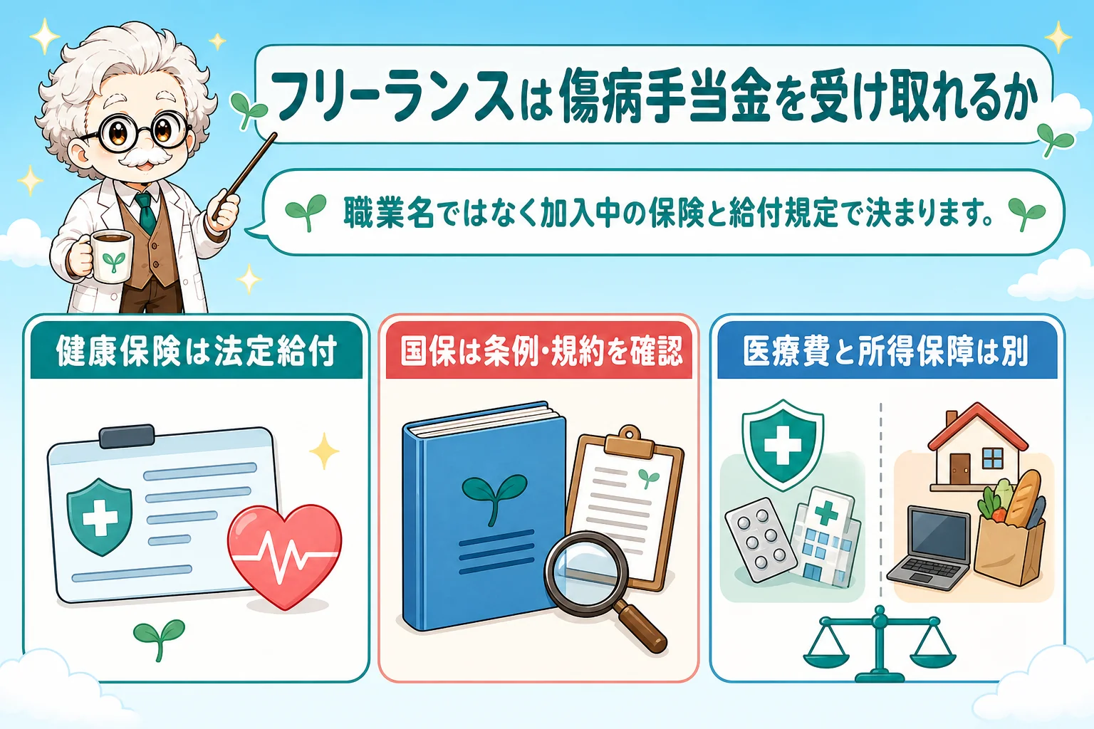 フリーランスの社会保険と傷病手当:フリーランスは傷病手当金を受け取れるかを解説する個人事業主(フリーランス)向け図解