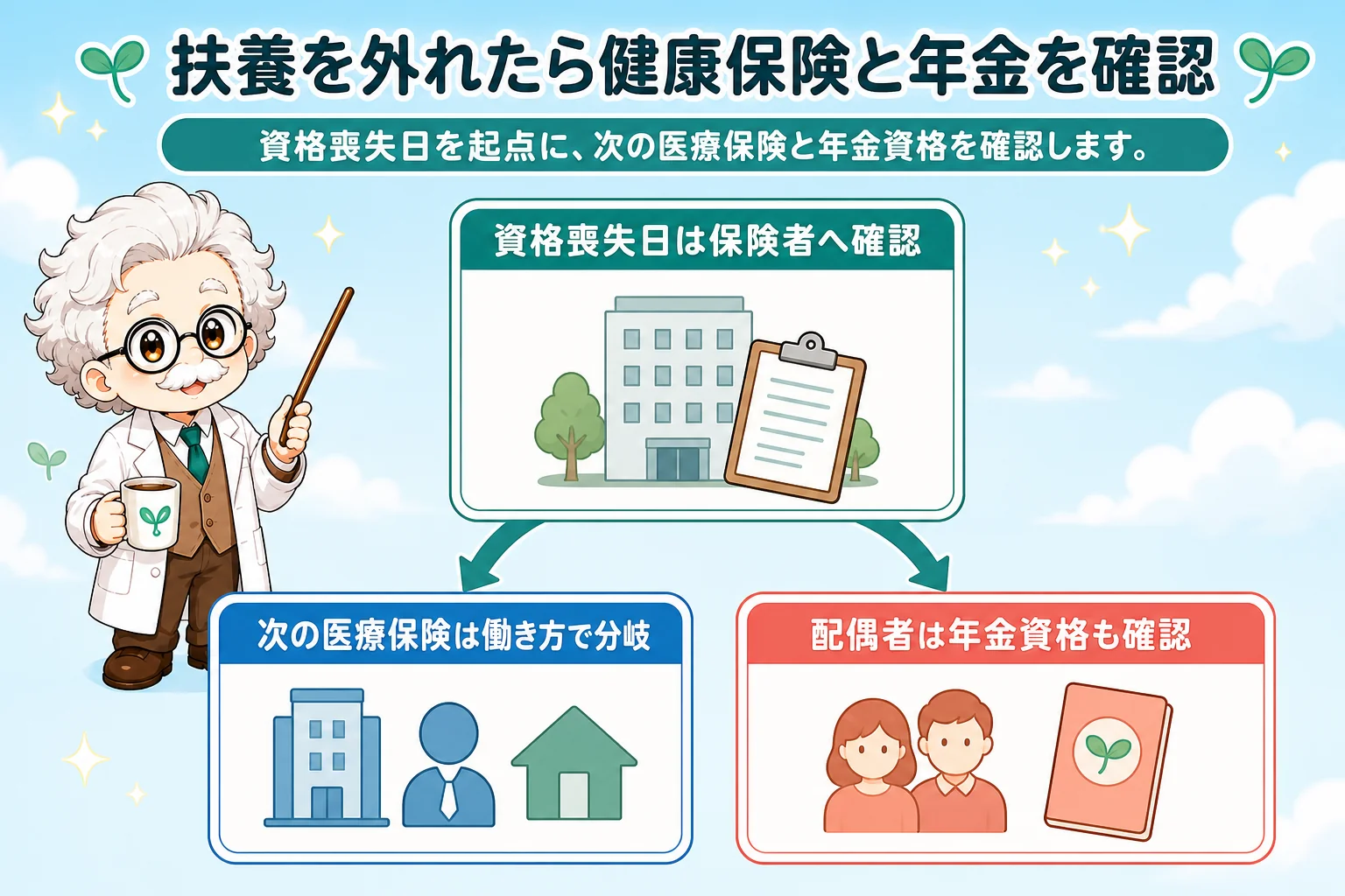 社会保険の扶養を外れる個人事業主(フリーランス):扶養を外れたら健康保険と年金を確認するを解説する個人事業主(フリーランス)向け図解