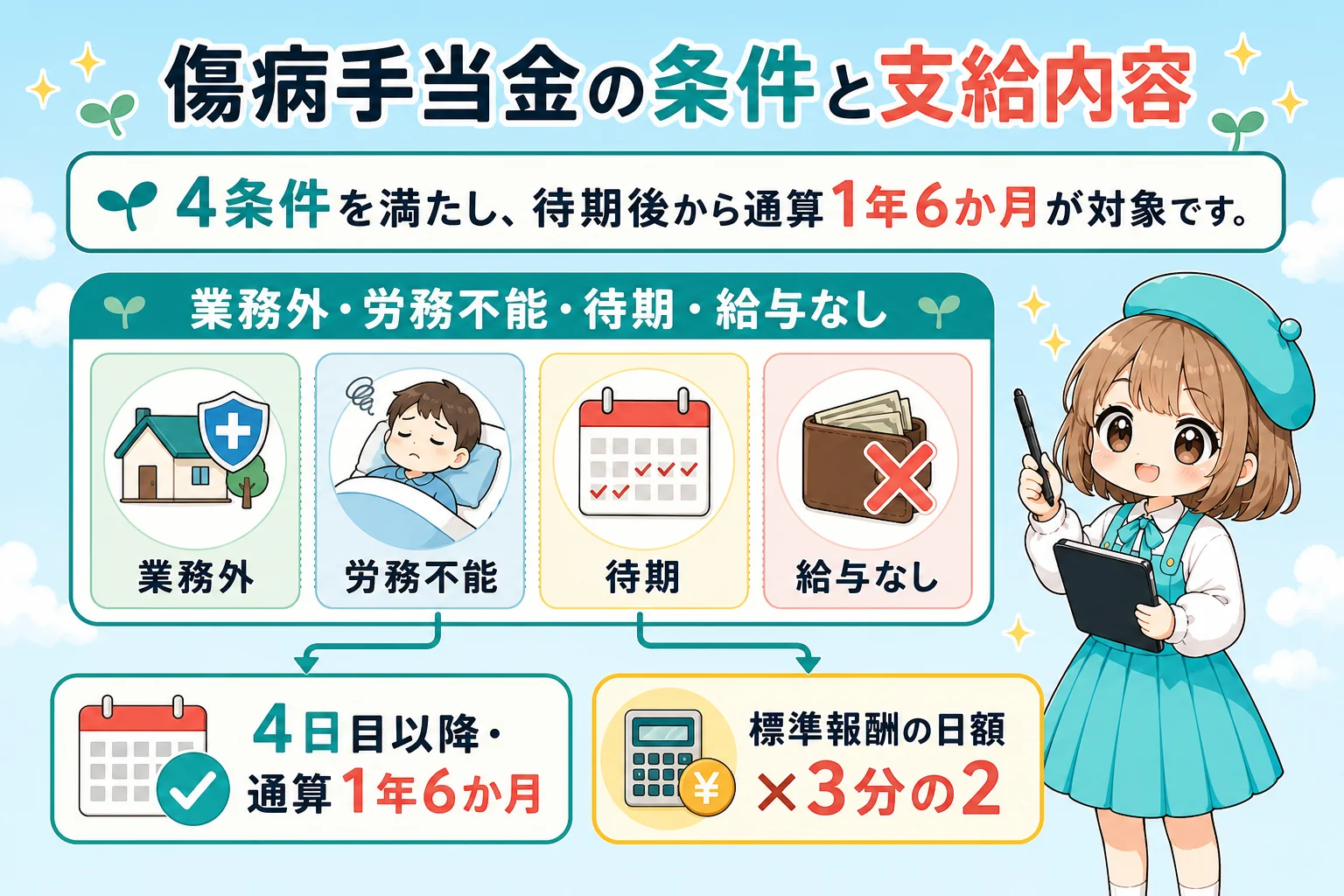 フリーランスの社会保険と傷病手当:傷病手当金の条件と支給内容を解説する個人事業主(フリーランス)向け図解
