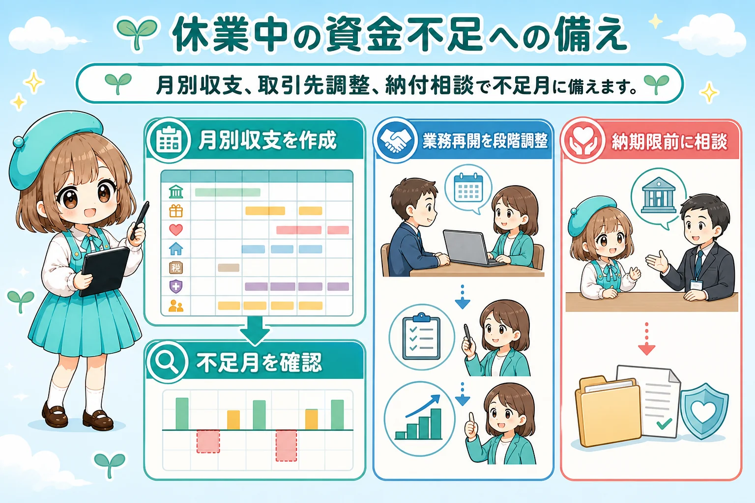 個人事業主(フリーランス)の社会保険と育休:休業中の資金不足への備えを解説する個人事業主(フリーランス)向け図解