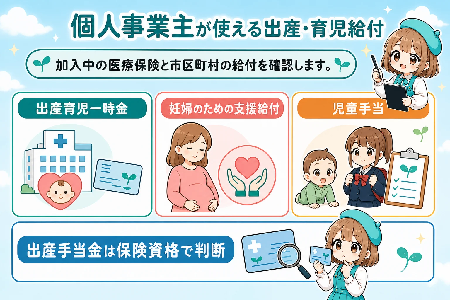 個人事業主(フリーランス)の社会保険と育休:個人事業主が使える出産・育児給付を解説する個人事業主(フリーランス)向け図解