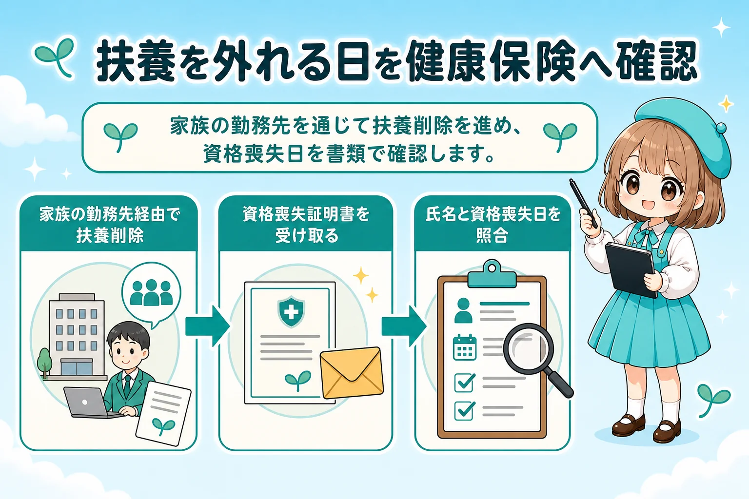 社会保険の扶養を外れる個人事業主(フリーランス):扶養を外れる日を健康保険へ確認を解説する個人事業主(フリーランス)向け図解
