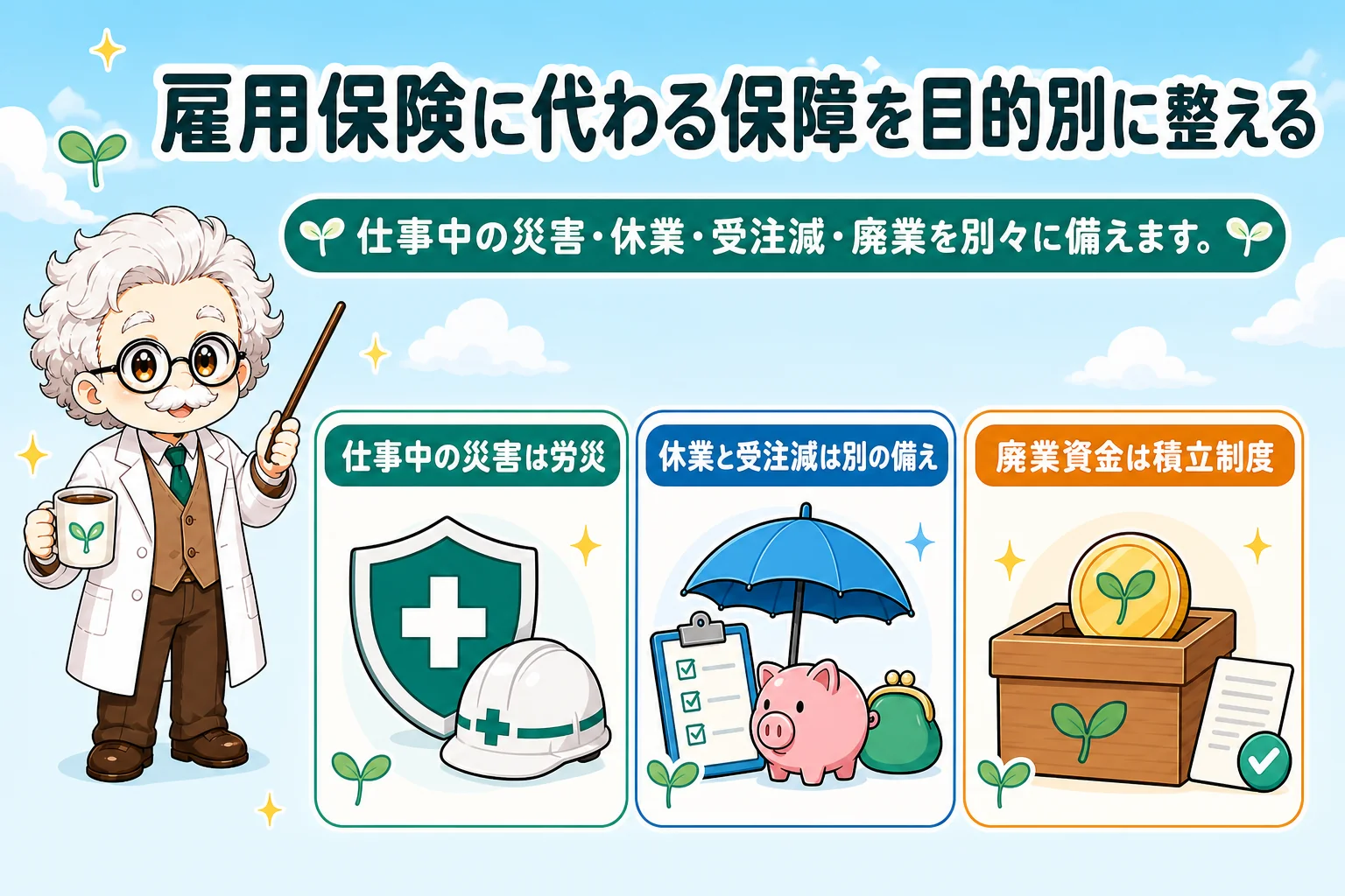フリーランスの雇用保険：個人事業主（フリーランス）の加入可否と代替制度：雇用保険に代わる保障を目的別に整えるを解説する個人事業主（フリーランス）向け図解