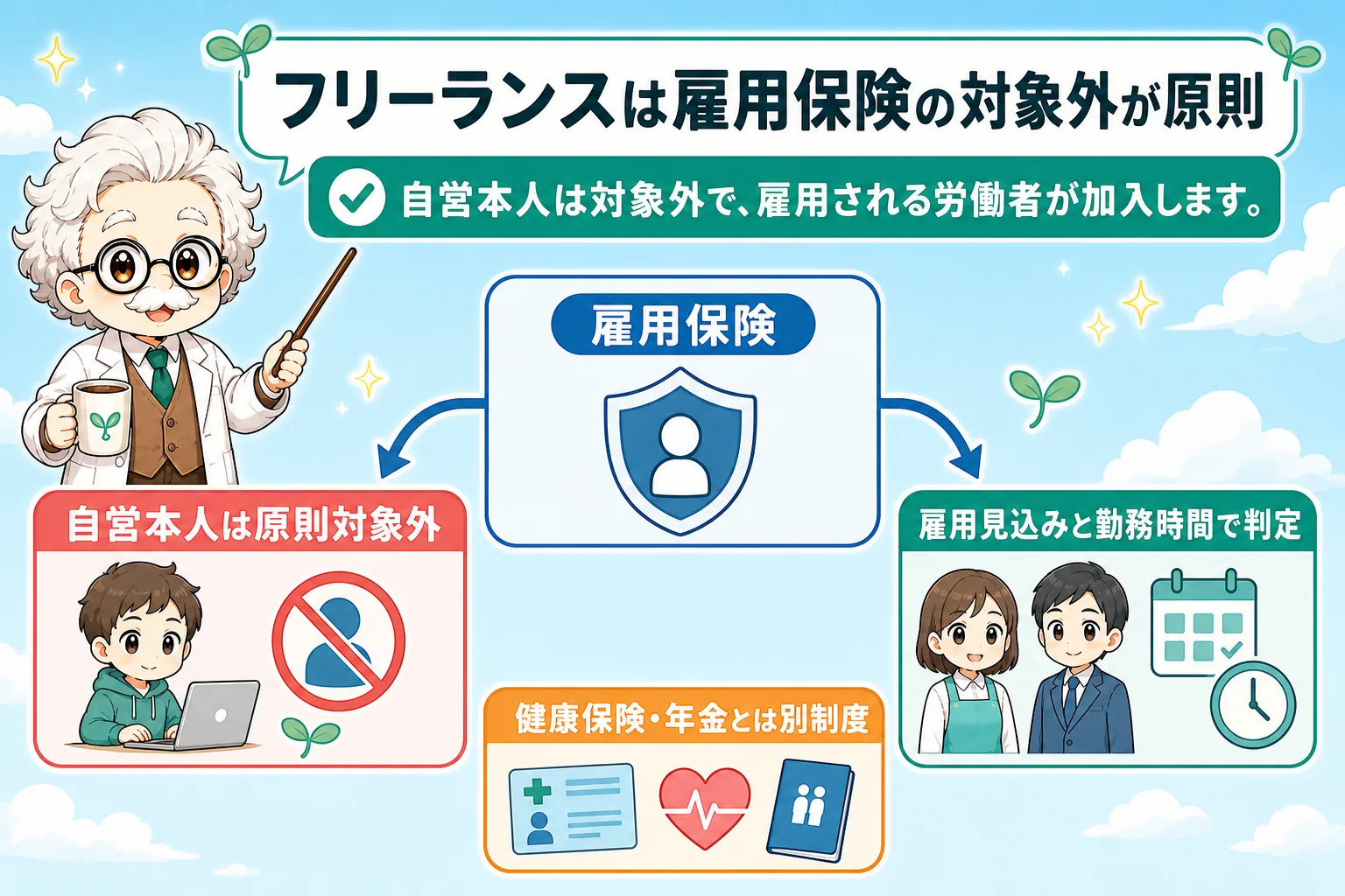 フリーランスの雇用保険：個人事業主（フリーランス）の加入可否と代替制度：フリーランスは雇用保険の対象外が原則を解説する個人事業主（フリーランス）向け図解