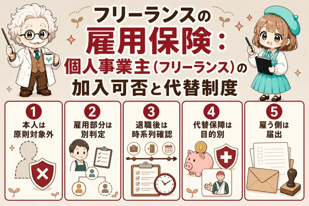 フリーランスの雇用保険：個人事業主（フリーランス）の加入可否と代替制度を解説する個人事業主（フリーランス）向け図解
