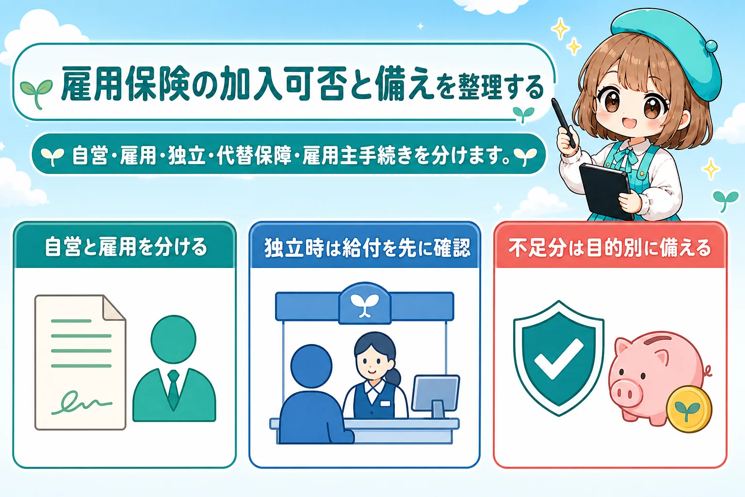 フリーランスの雇用保険：個人事業主（フリーランス）の加入可否と代替制度：雇用保険の加入可否と備えを整理するを解説する個人事業主（フリーランス）向け図解