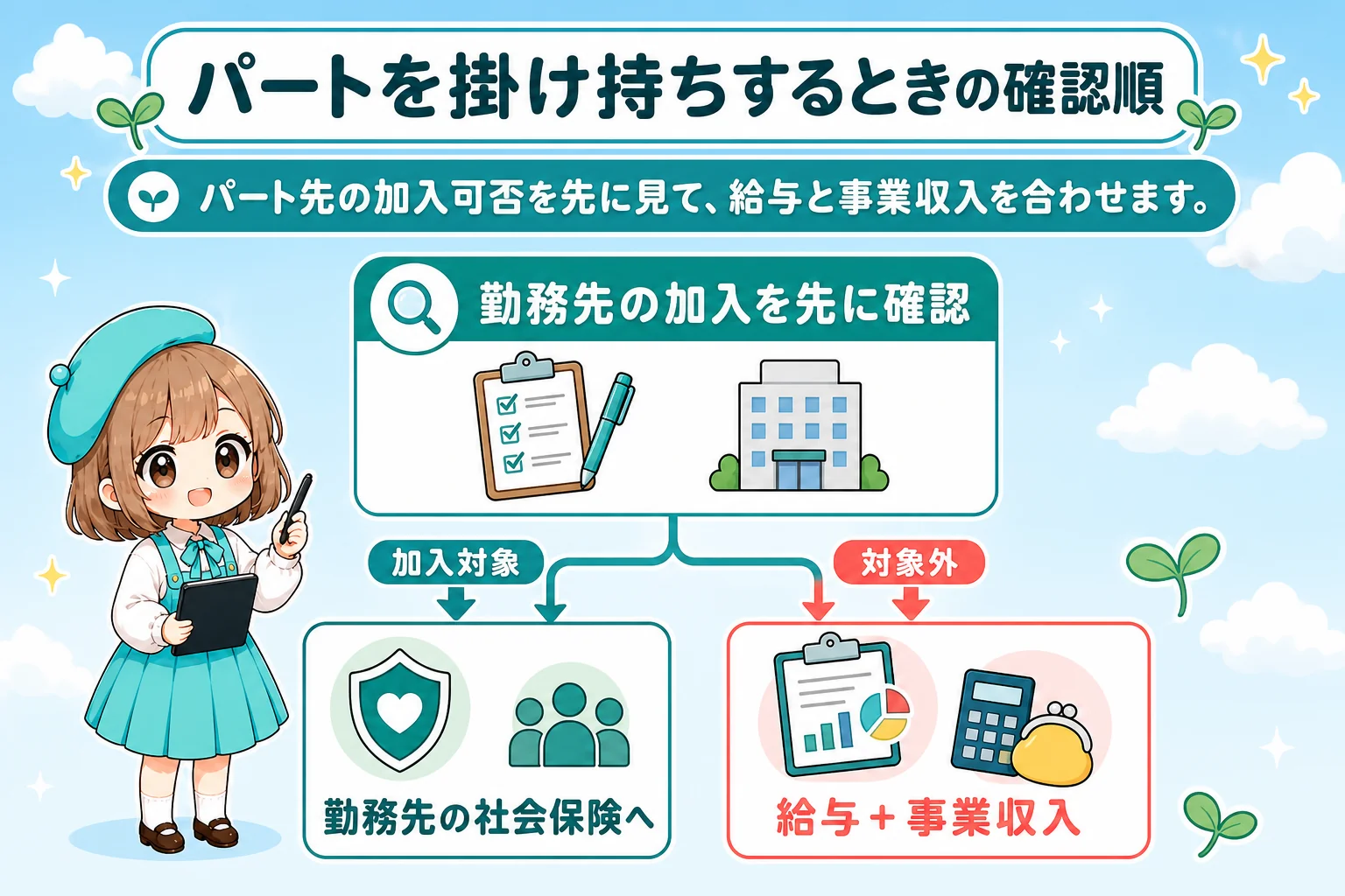 フリーランスの社会保険扶養:パートを掛け持ちするときの確認順を解説する個人事業主(フリーランス)向け図解
