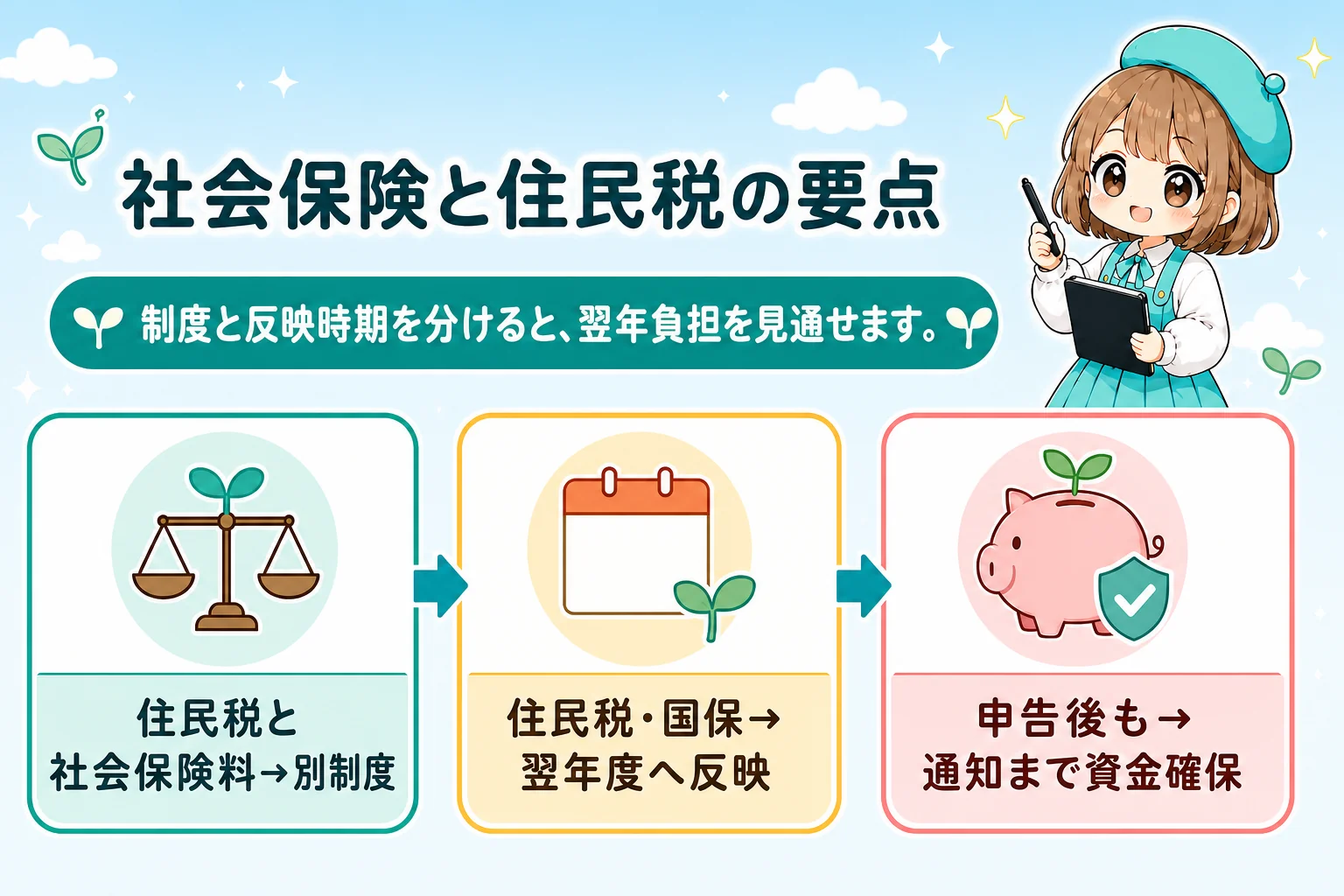 個人事業主(フリーランス)の社会保険と住民税の違いの要点をまとめた個人事業主(フリーランス)向け図解